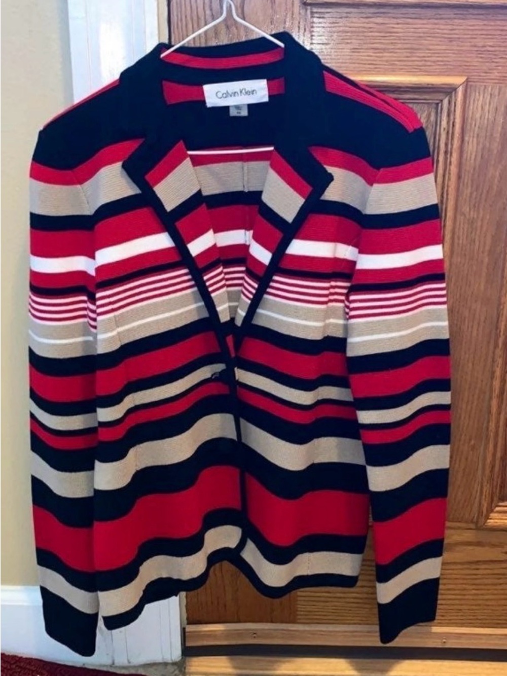 Calvin Klein Red Black Tan Striped Knit Cardigan Blazer